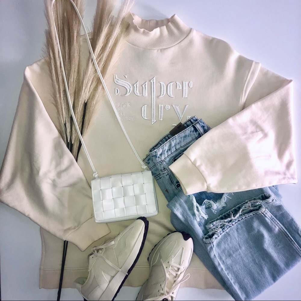 SUPERDRY Beige Mock Neck Tunic Sweater with Embroidered Lettering